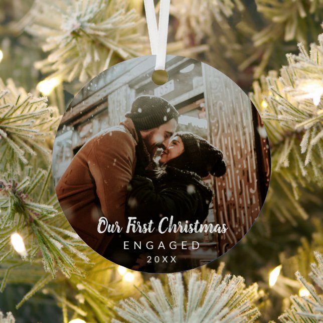 Our First Christmas Engaged Chalk Script Photo Metal Tree Decoration (Insitu)