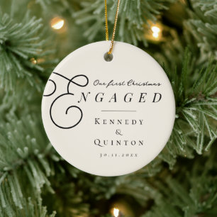 Our First Christmas Engaged Classic Minimal Photo Ceramic Ornament