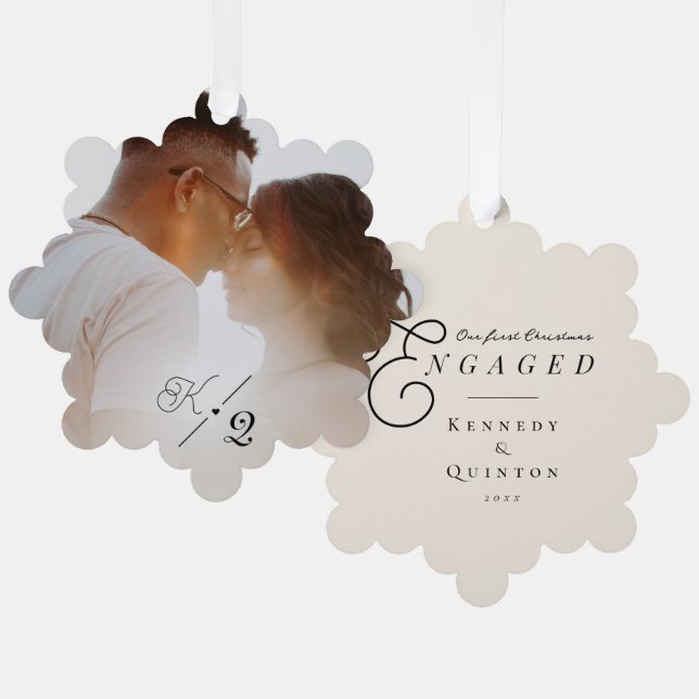 Our First Christmas Engaged Classic Minimal Photo Tree Decoration Card (Front/Back)