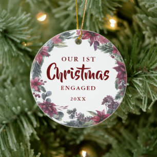 Our First Christmas Engaged Couple Photo Floral Ceramic Ornament