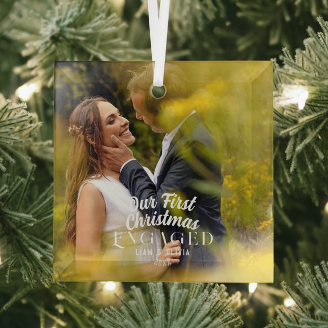  Our First Christmas Engaged Couple Photo  Glass Tree Decoration (Insitu)