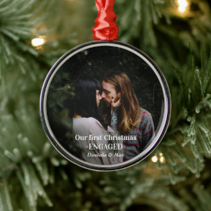 Our First Christmas Engaged Couple Photo Metal Ornament
