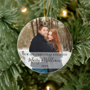 Our First Christmas Engaged Couple Photos Holiday Ceramic Ornament