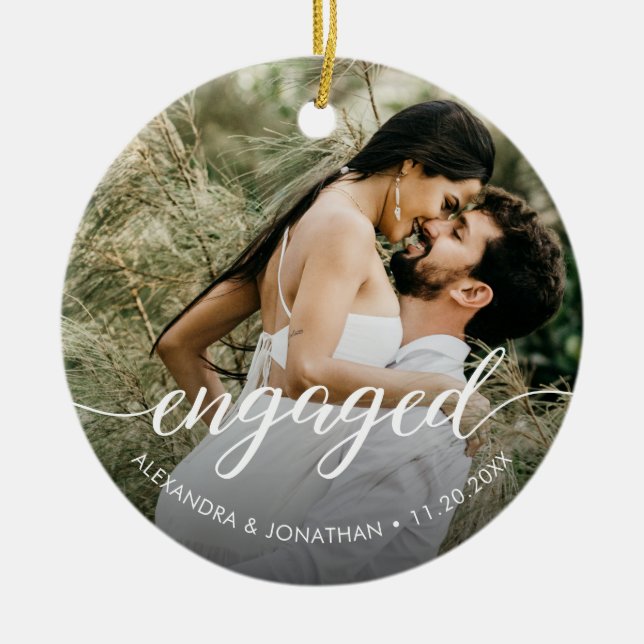 Our first Christmas Engaged Custom Photo Names Ceramic Ornament (Front)