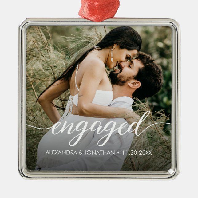Our first Christmas Engaged Custom Photo Names  Metal Ornament (Front)