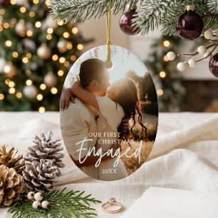 Our First Christmas Engaged Custom Photo Oval Ceramic Ornament