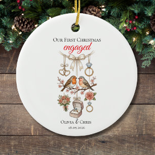 Our First Christmas Engaged Cute Ring Date Heart   Ceramic Ornament