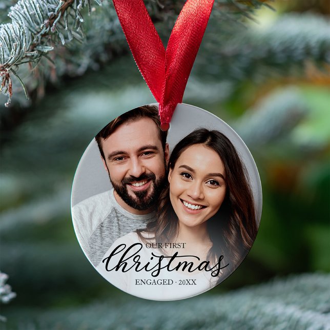Our First Christmas Engaged Elegant Black Script Ornament (Creator Uploaded)