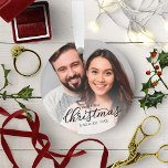 Our First Christmas Engaged Elegant Black Script Ornament<br><div class="desc">Our First Christmas Engaged Elegant Black Script Acrylic Ornament</div>