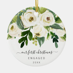 Our First Christmas Engaged Elegant Floral Photo Ceramic Ornament