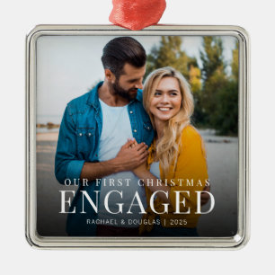 Our First Christmas Engaged Elegant Photo Metal Ornament