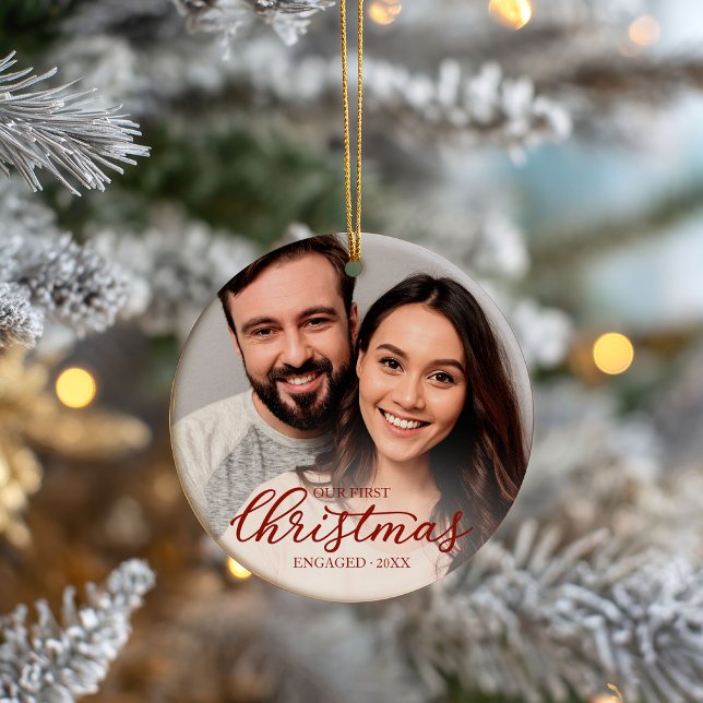 Our First Christmas Engaged Elegant Red Script Ceramic Ornament (Creator Uploaded)