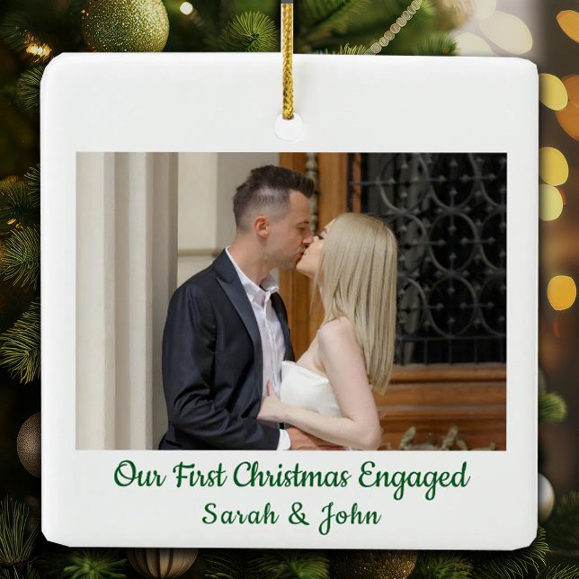Our First Christmas Engaged Engagement Photo Ceramic Ornament (Creator Uploaded)