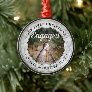 Our First Christmas Engaged Faux Marble Photo Metal Ornament
