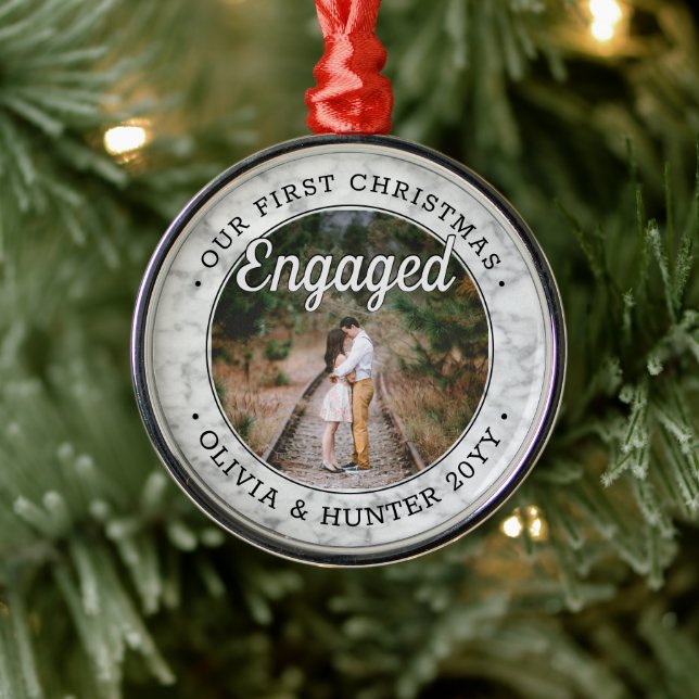 Our First Christmas Engaged Faux Marble Photo Metal Ornament (Tree)