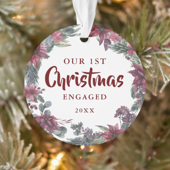 Our First Christmas Engaged Floral Couple Photo Ornament (Tree)