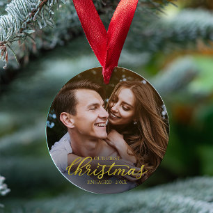 Our First Christmas Engaged Gold Foil Script Ornament