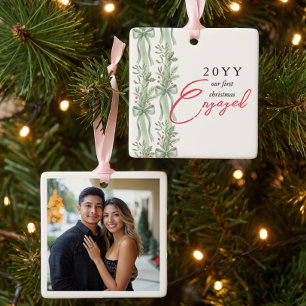 Our First Christmas Engaged Green Bow Couple Photo Ceramic Ornament
