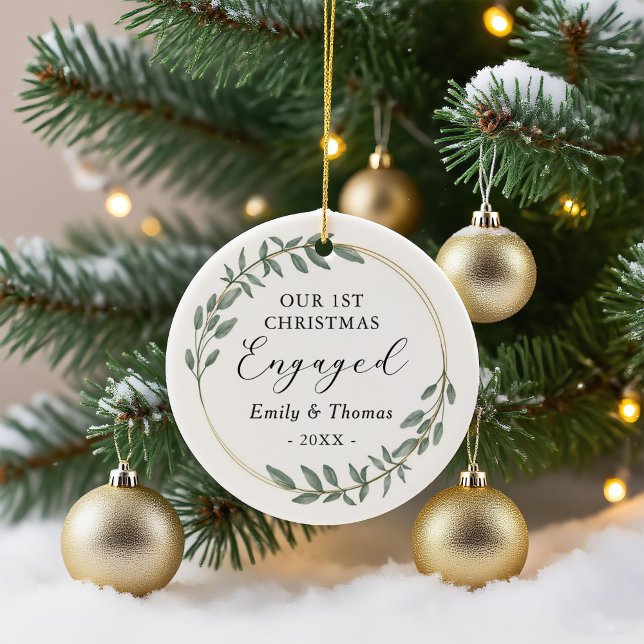 Our First Christmas Engaged Greenery Gold Wreath Ceramic Ornament (Creator Uploaded)