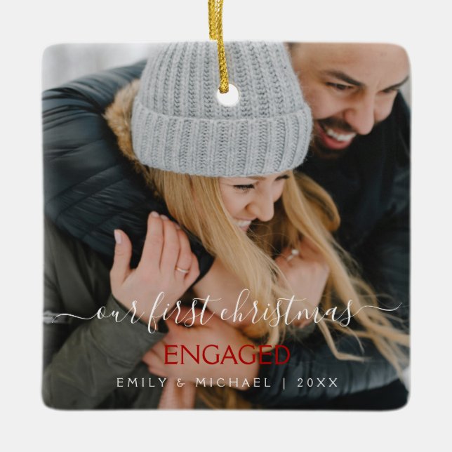Our First Christmas Engaged Hand Lettered Photo Ceramic Ornament (Front)