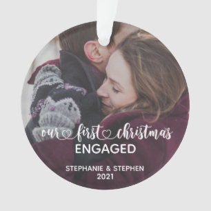 Our First Christmas Engaged  Hand Lettered Photo Ornament