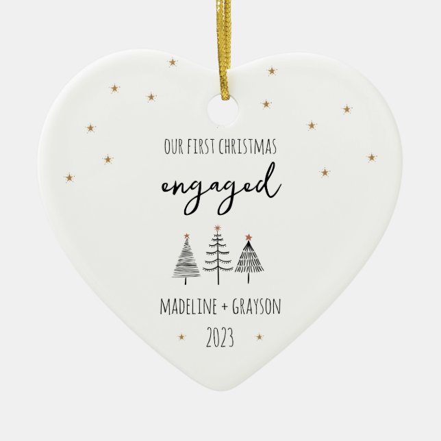 Our First Christmas Engaged Heart Ceramic Ornament (Front)