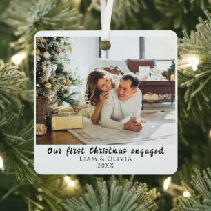  Our First Christmas Engaged Minimal Couple Photo Metal Tree Decoration