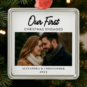 Our First Christmas Engaged Minimalist Modern Metal Ornament