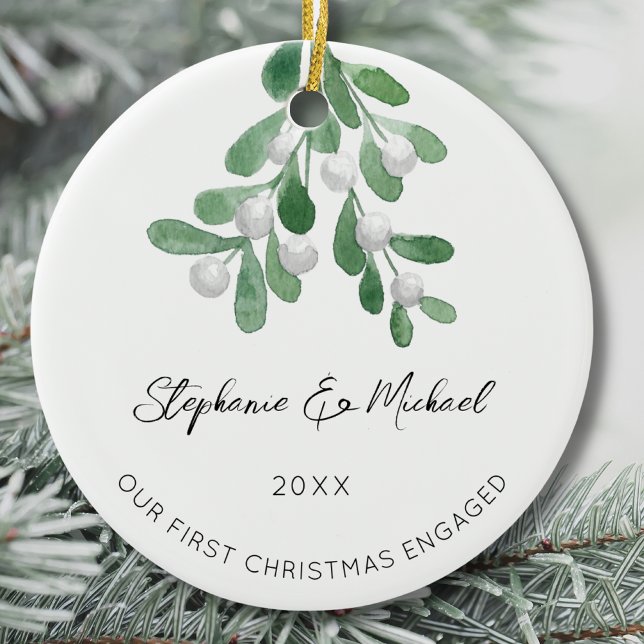 Our First Christmas Engaged Mistletoe Ceramic Ornament (Creator Uploaded)