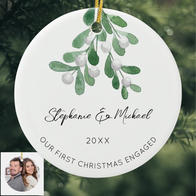 Our First Christmas Engaged Mistletoe Photo Cerami Ceramic Ornament (Creator Uploaded)