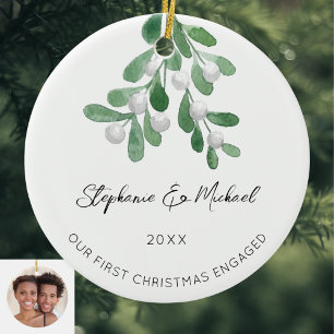 Our First Christmas Engaged Mistletoe Photo Cerami Ceramic Ornament