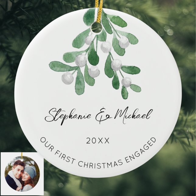 Our First Christmas Engaged Mistletoe Photo Ceramic Ornament (Creator Uploaded)
