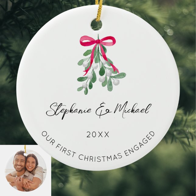 Our First Christmas Engaged Mistletoe Photo Ceramic Ornament (Creator Uploaded)