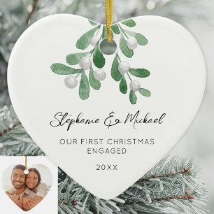 Our First Christmas Engaged Mistletoe Photo Ceramic Ornament