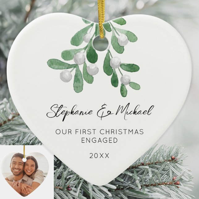 Our First Christmas Engaged Mistletoe Photo Ceramic Ornament (Creator Uploaded)