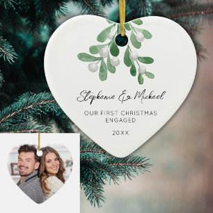 Our First Christmas Engaged Mistletoe Photo Heart Ceramic Ornament