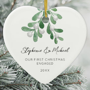 Our First Christmas Engaged Mistletoe Photo Heart  Ceramic Ornament