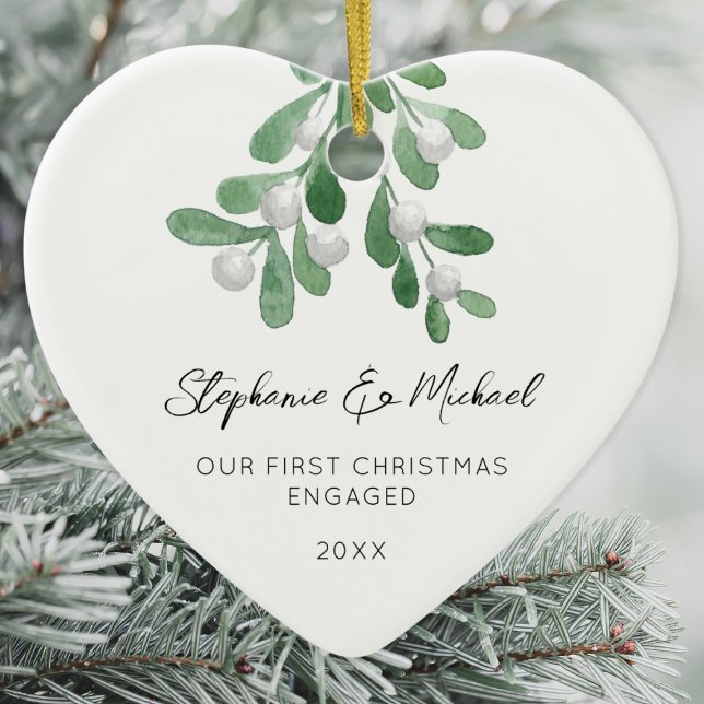 Our First Christmas Engaged Mistletoe Photo Heart  Ceramic Ornament (Creator Uploaded)