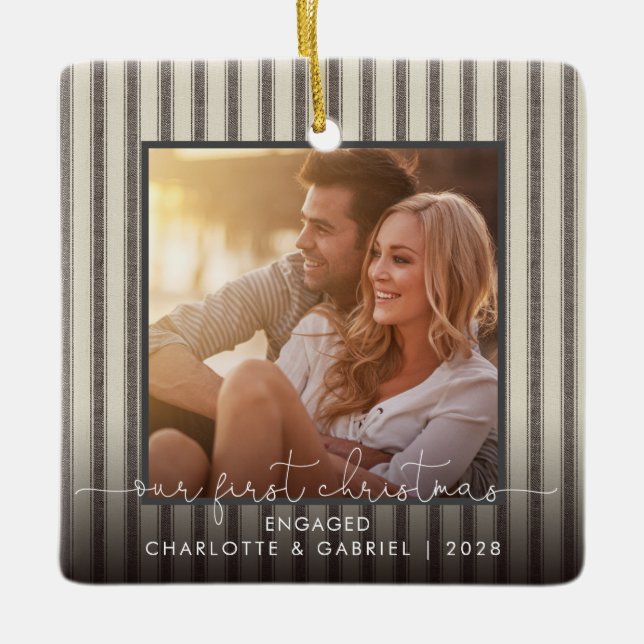 Our First Christmas Engaged Modern Farmhouse Photo Ceramic Ornament (Front)