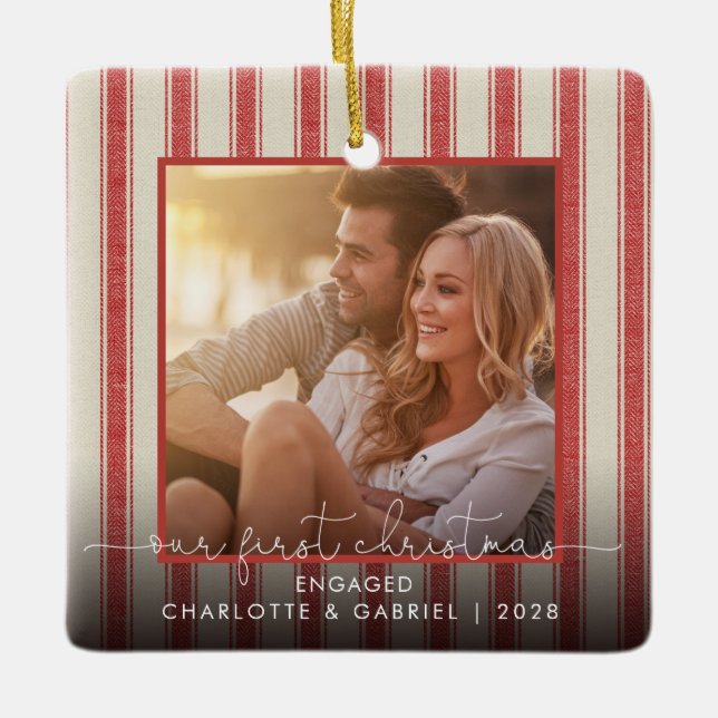 Our First Christmas Engaged Modern Farmhouse Photo Ceramic Ornament (Front)