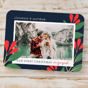 Our First Christmas Engaged Modern Foliage Photo Magnet