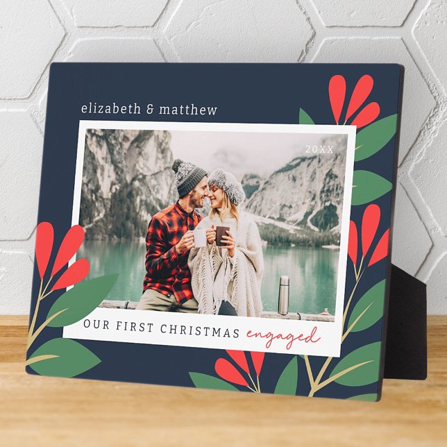 Our First Christmas Engaged Modern Foliage Photo Plaque (Creator Uploaded)