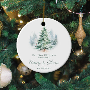Our First Christmas Engaged Modern Script Tree Ceramic Ornament