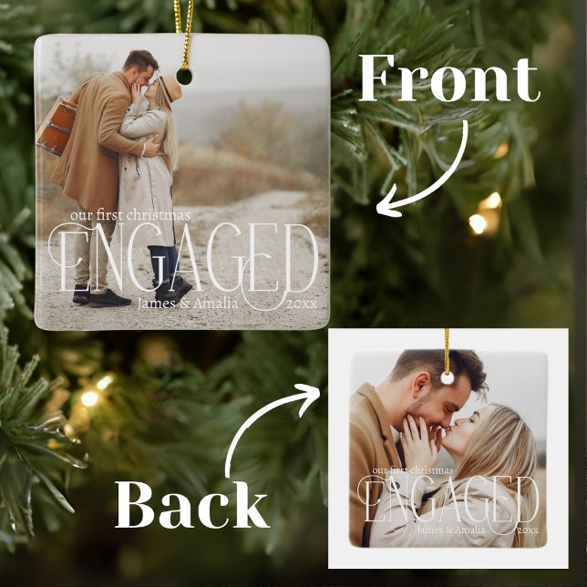 Our First Christmas Engaged Overlay 2 Photo  Ceramic Ornament (Creator Uploaded)