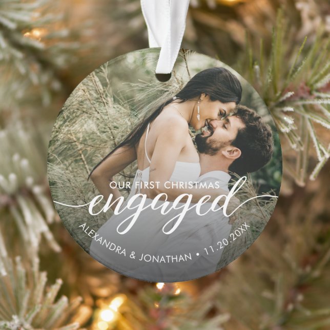 OUR First Christmas Engaged overlay Custom Photo Ornament (Tree)