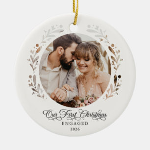 Our First Christmas Engaged Paper Cutout 2-Photo Ceramic Ornament