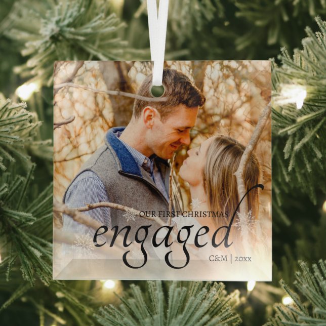 Our First Christmas Engaged Personalised Glass Tree Decoration (Insitu)