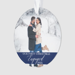 Our First Christmas Engaged Photo Blue Ornament