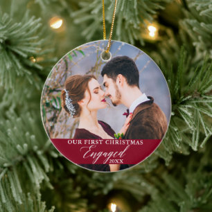 Our First Christmas Engaged Photo Burgundy Ceramic Ornament