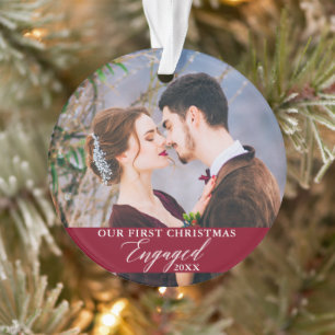Our First Christmas Engaged Photo Burgundy Ornament